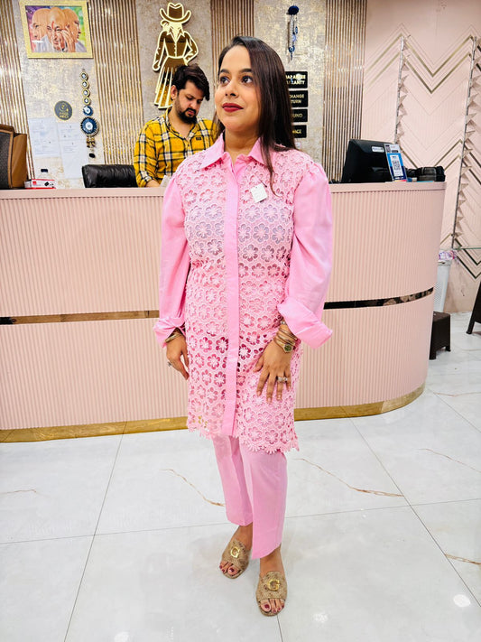 Women's Floral Lace Co-ord Set – Button-Down Kurta with Pants