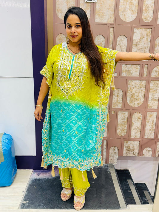 Lime Green & Aqua Blue Geometric Embroidered Kaftan Suit