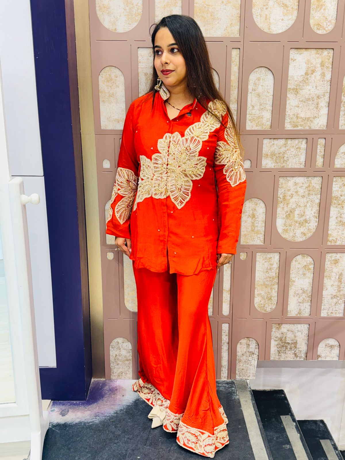 Red Chinon Co-ord Set with Heavy Embroidery