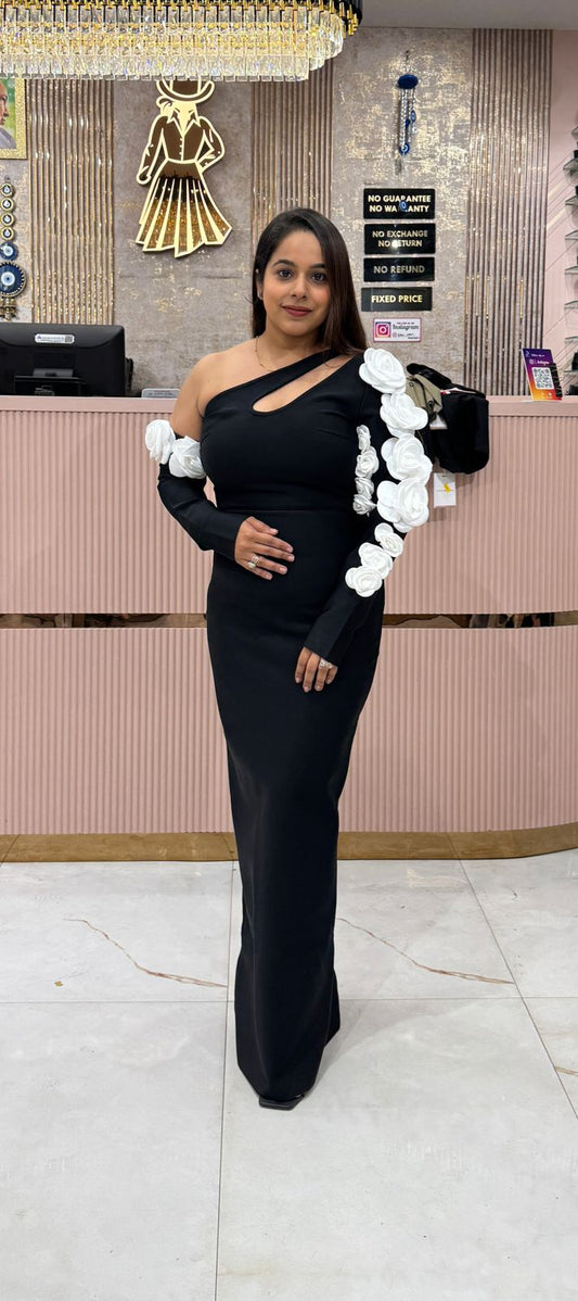 Black One-Shoulder Bodycon Gown with 3D White Floral Appliqué