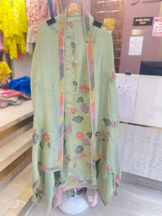Sea Green Multicolor Embroidered Unstitched Suit with Tassel Detailing