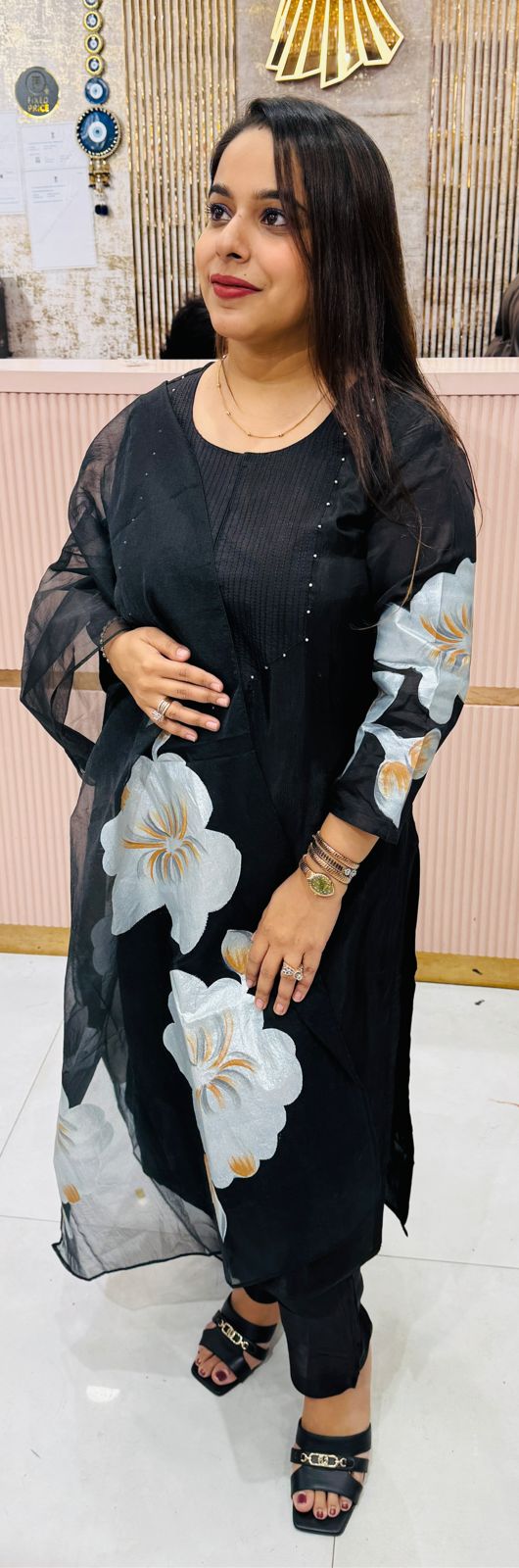 Black Floral Organza Kurta Set with Hand-Painted White Flowers