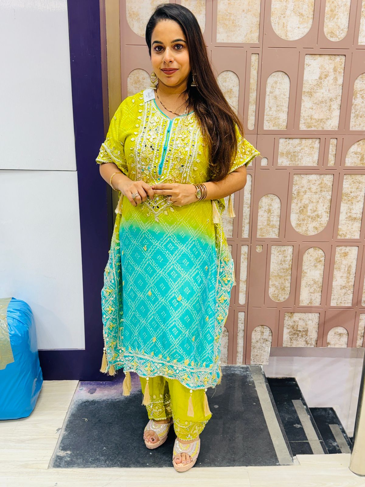 Lime Green & Aqua Blue Geometric Embroidered Kaftan Suit