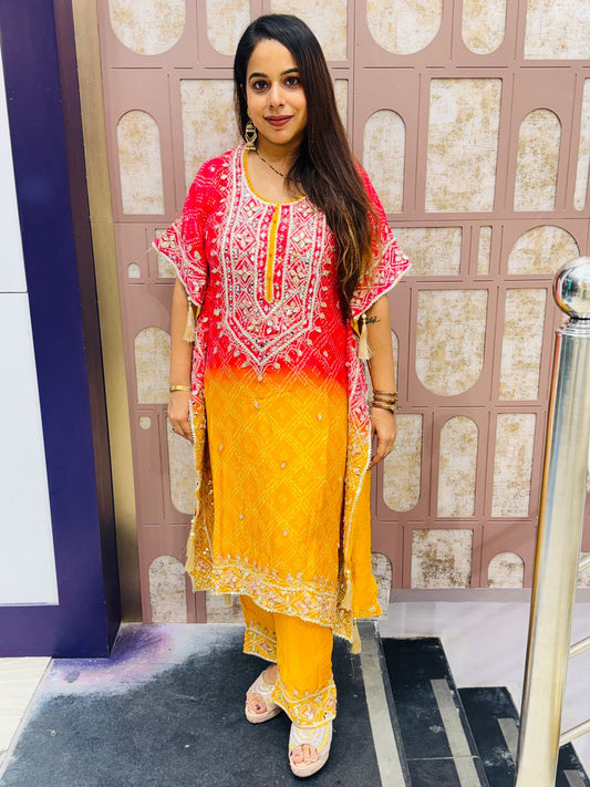Red & Mustard Yellow Geometric Embroidered Kaftan Suit