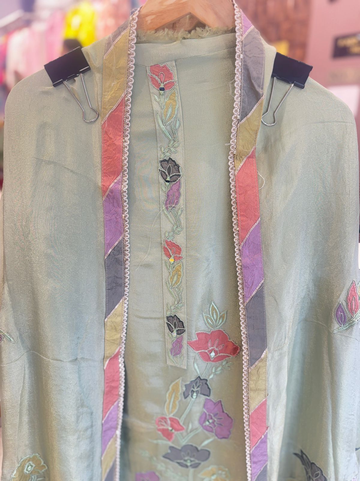 Sea Green Multicolor Embroidered Unstitched Suit with Tassel Detailing