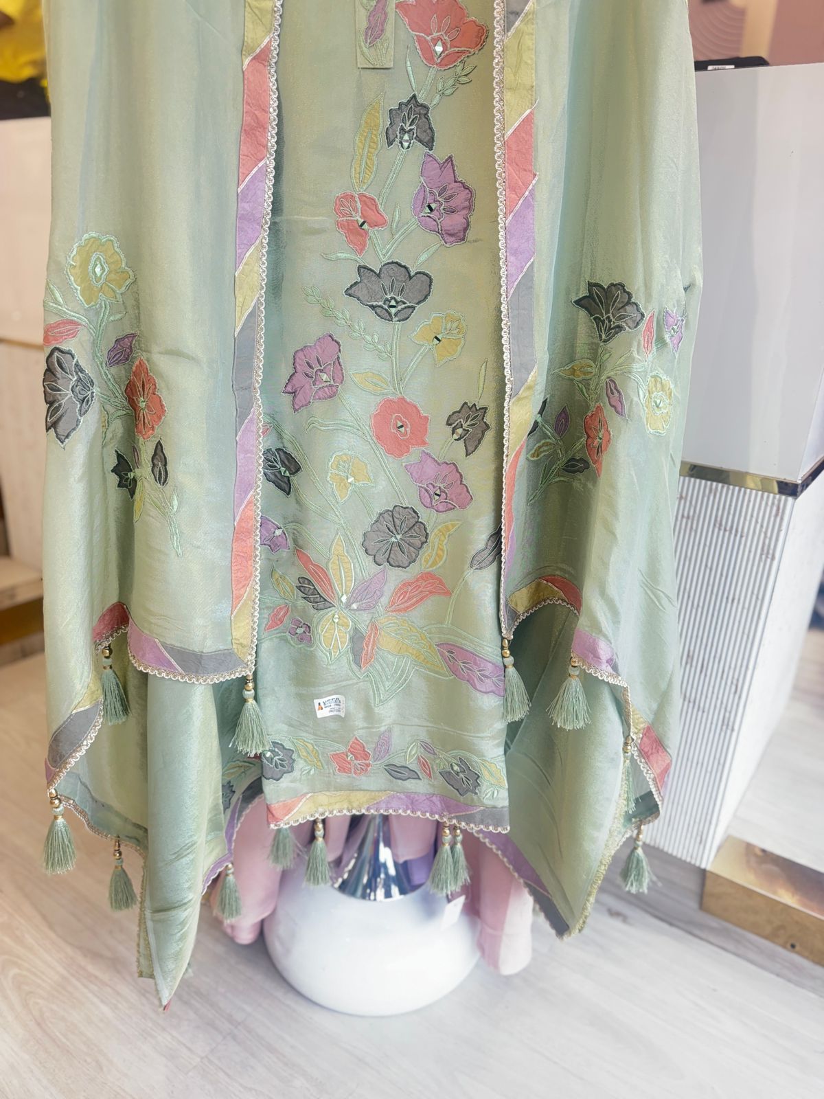 Sea Green Multicolor Embroidered Unstitched Suit with Tassel Detailing