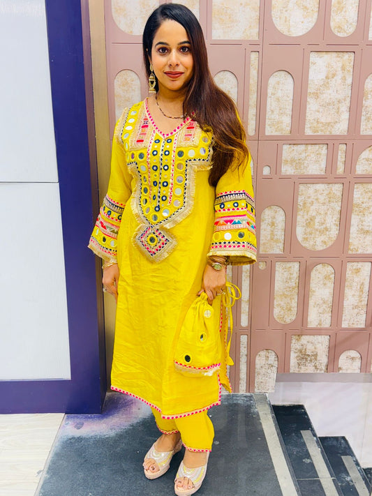 Mustard Yellow Mirror Work Suit with Matching Potli Bag