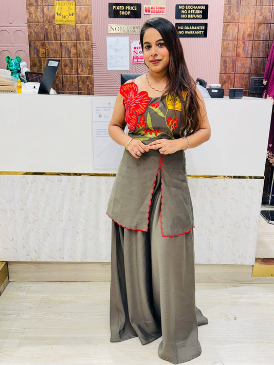 Floral Embroidered Sleeveless Kurta with Palazzo Set