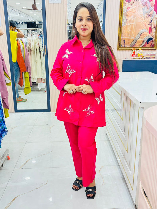 Elegant Butterfly Pearl Embellished Co-ord Set for Women | Shirt & Pants Combo