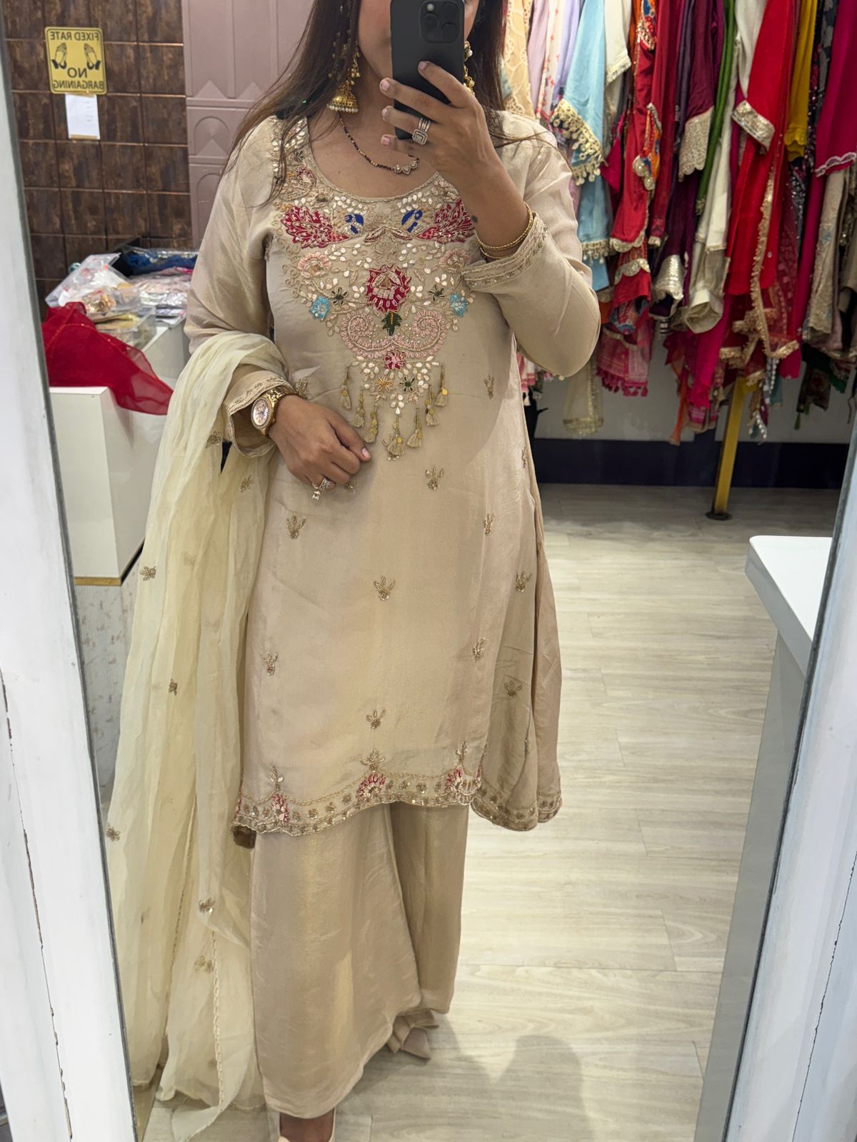 Beige Colour Stitched Suit with Heavy Neckline
