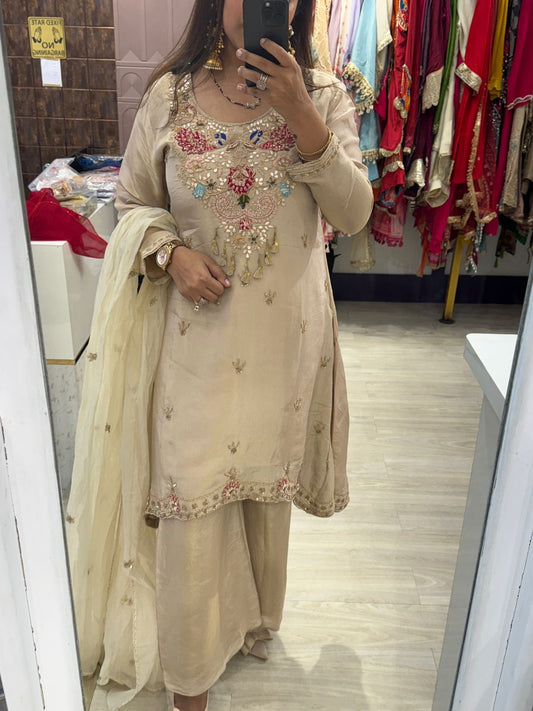 Beige Colour Stitched Suit with Heavy Neckline