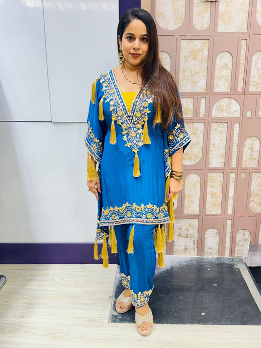 Royal Blue Embroidered Kaftan-Style Suit with Tassel Detailing
