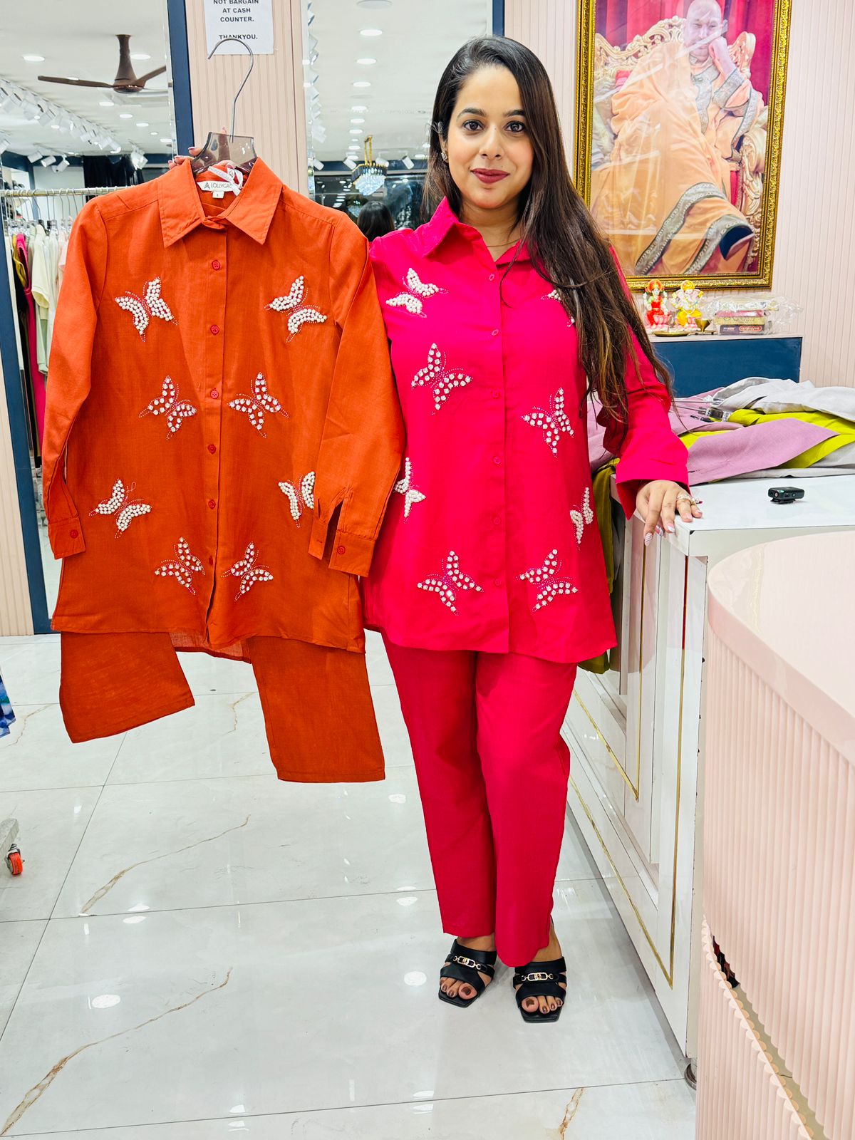 Elegant Butterfly Pearl Embellished Co-ord Set for Women | Shirt & Pants Combo
