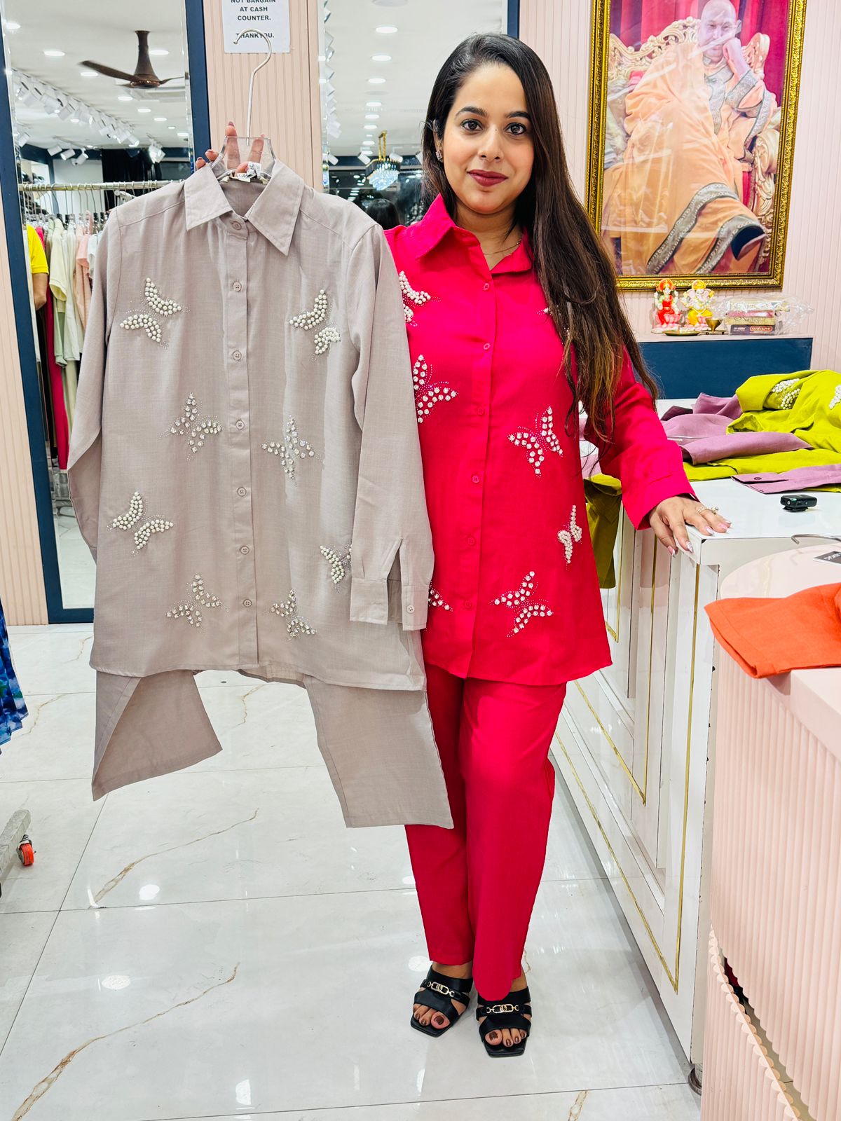 Elegant Butterfly Pearl Embellished Co-ord Set for Women | Shirt & Pants Combo