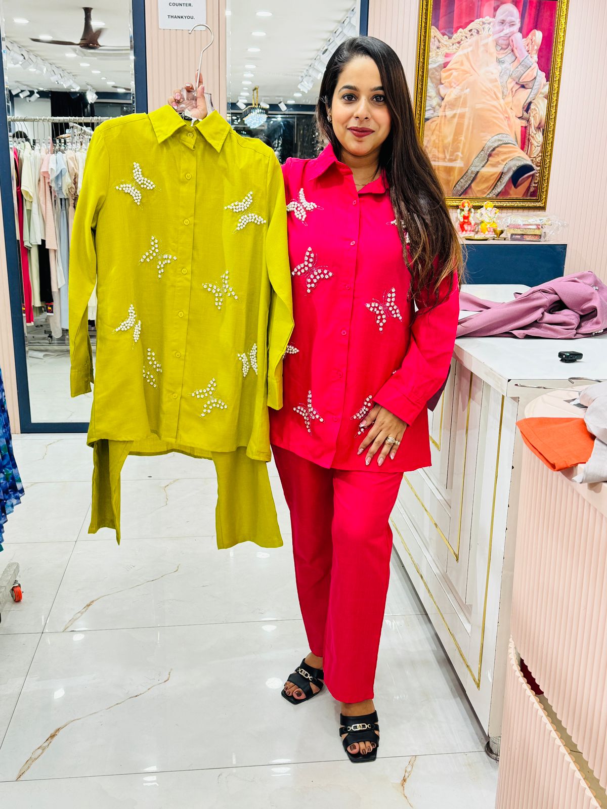 Elegant Butterfly Pearl Embellished Co-ord Set for Women | Shirt & Pants Combo
