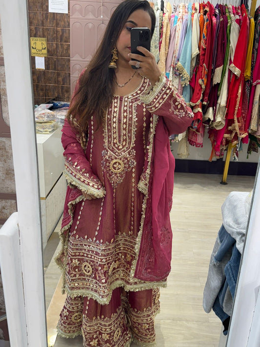Wine Colour Anarkali Suit with Heavy Golden Embroidery Work
