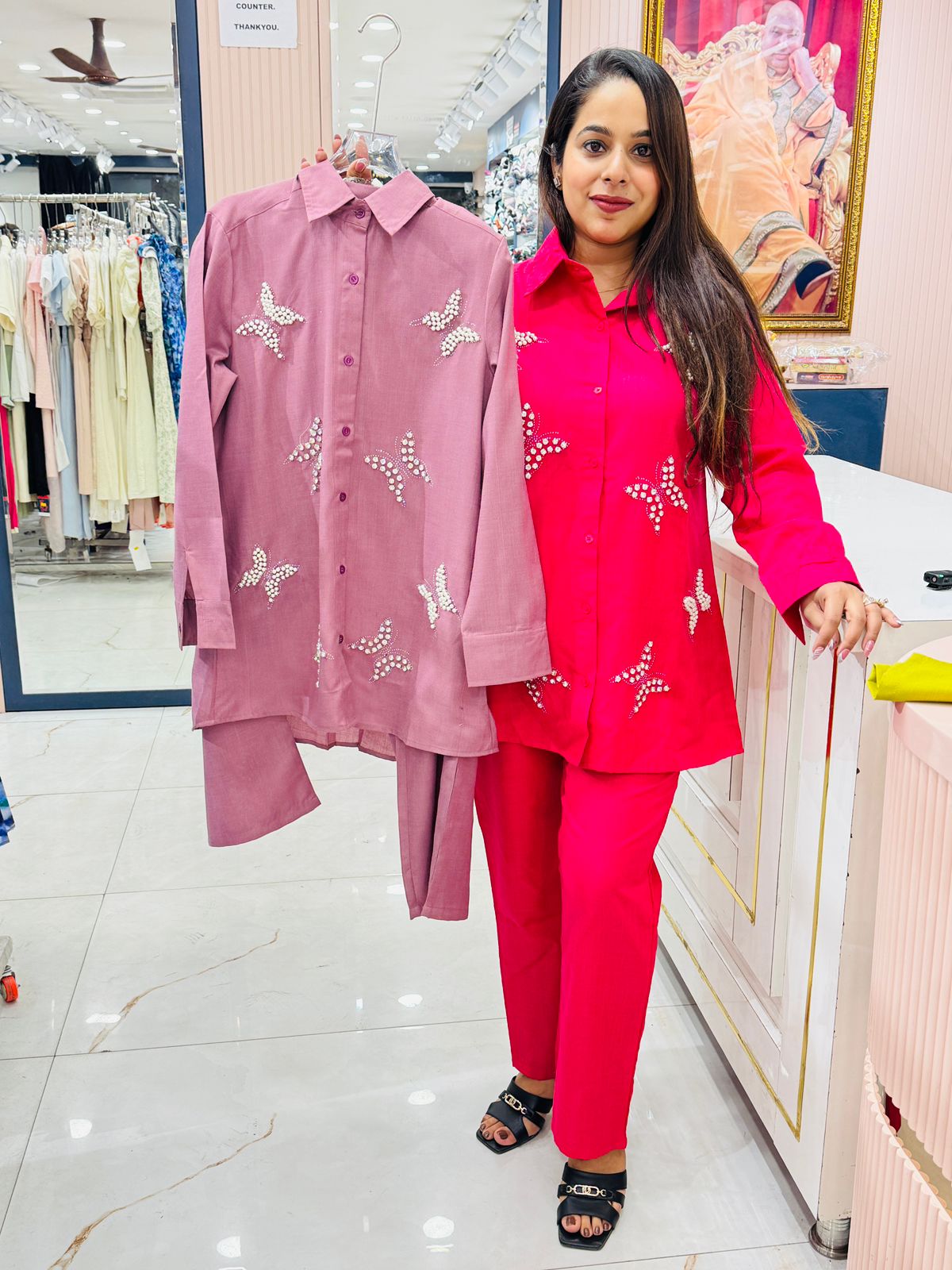 Elegant Butterfly Pearl Embellished Co-ord Set for Women | Shirt & Pants Combo