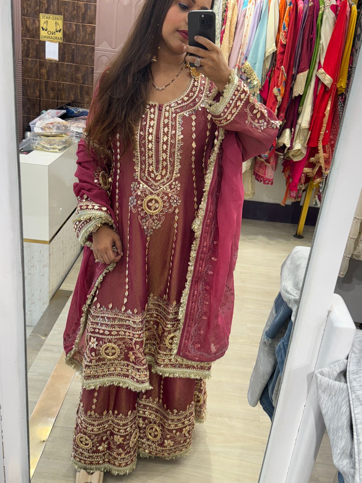 Wine Colour Anarkali Suit with Heavy Golden Embroidery Work