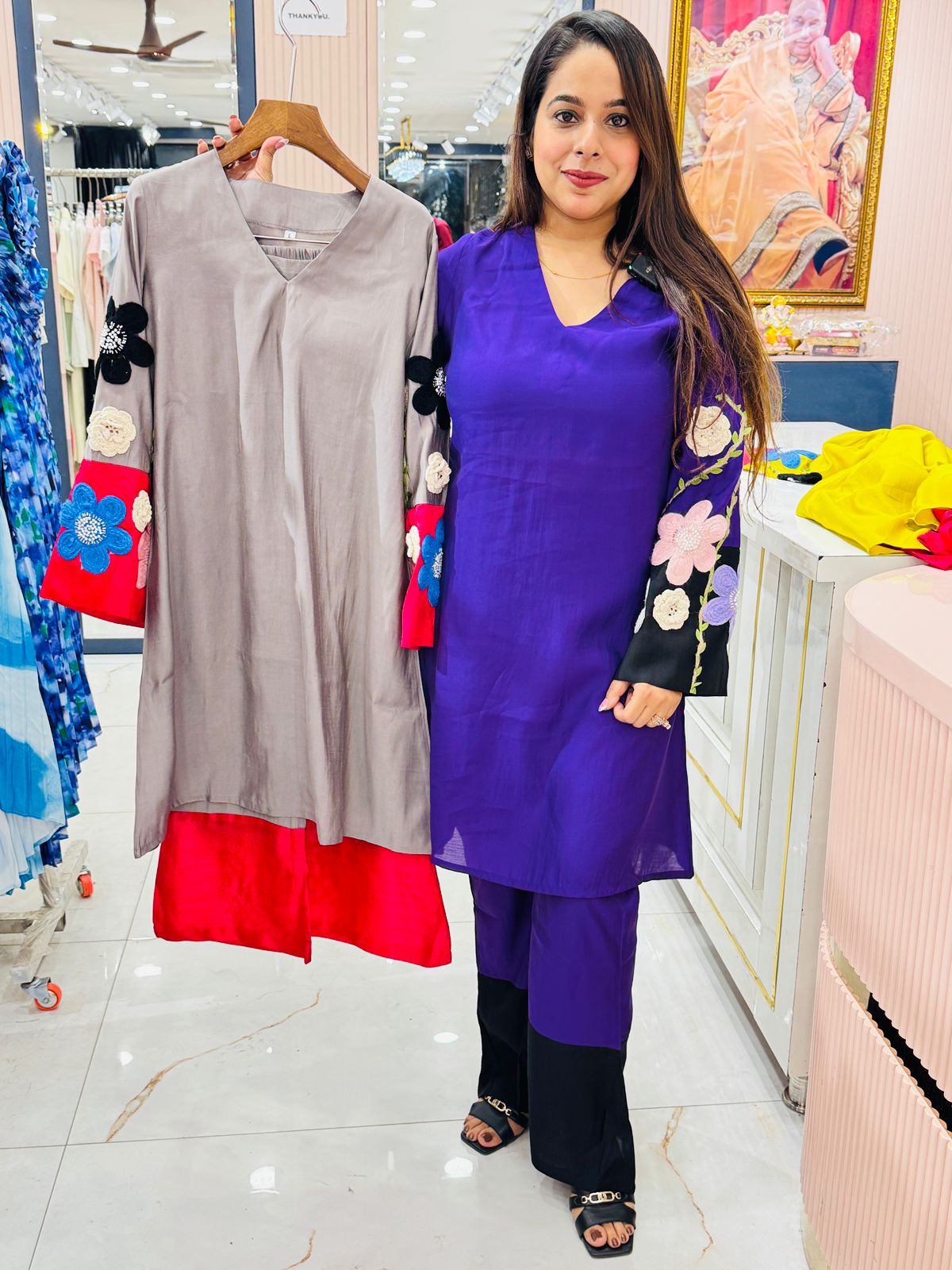 Elegant Floral Embroidered Sleeve Co-ord Set for Women | V-Neck Kurta with Matching Pants