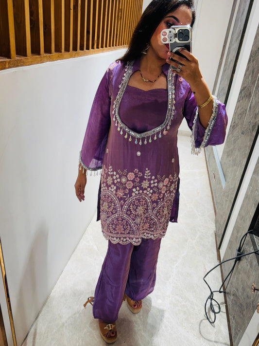 Purple Colour 3 Piece Co-ord Set with Heavy Embroidery and Tassel Detailing