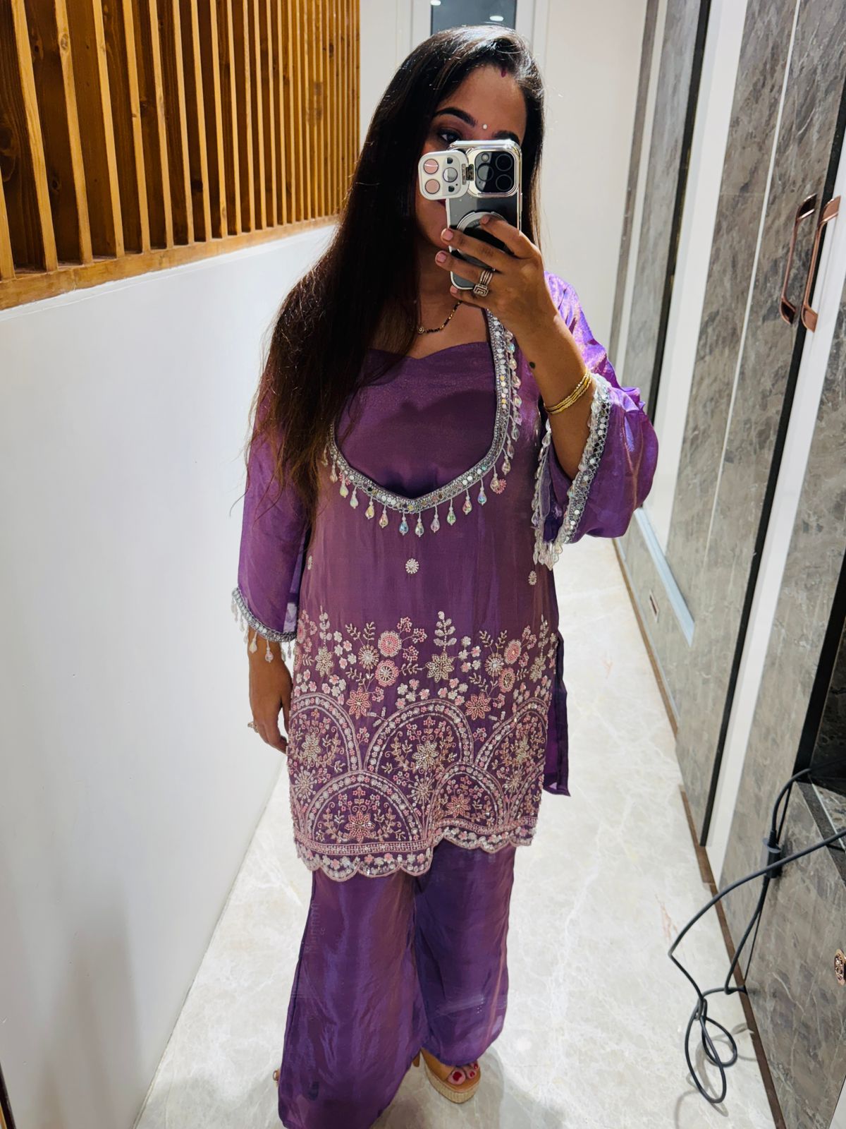 Purple Colour 3 Piece Co-ord Set with Heavy Embroidery and Tassel Detailing