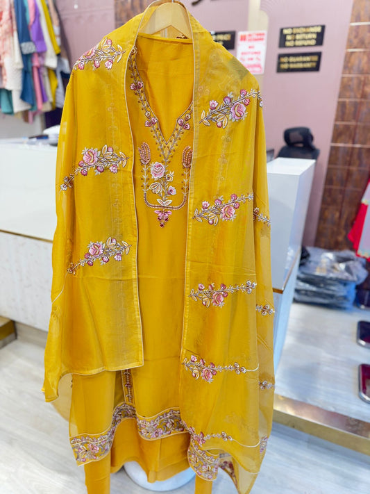 Mustard Yellow Unstitched Embroidered Suit with Dupatta