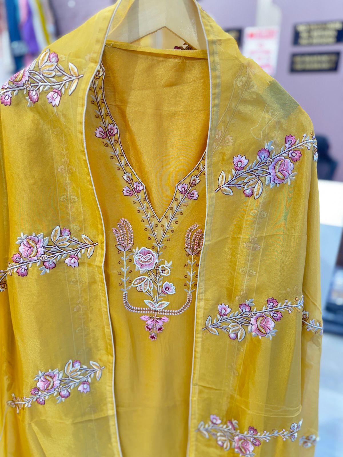 Mustard Yellow Unstitched Embroidered Suit with Dupatta