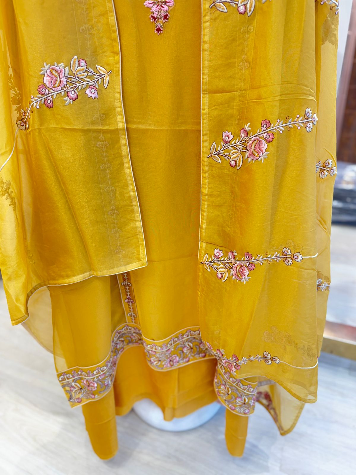 Mustard Yellow Unstitched Embroidered Suit with Dupatta