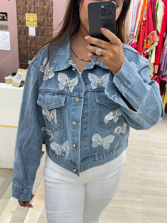 Blue Denim Jacket with White Butterfly Embroidery