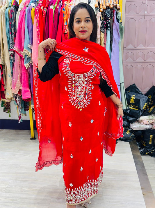 Red Jimmy Choo Fabric Unstitched Suit with Embroidery Work