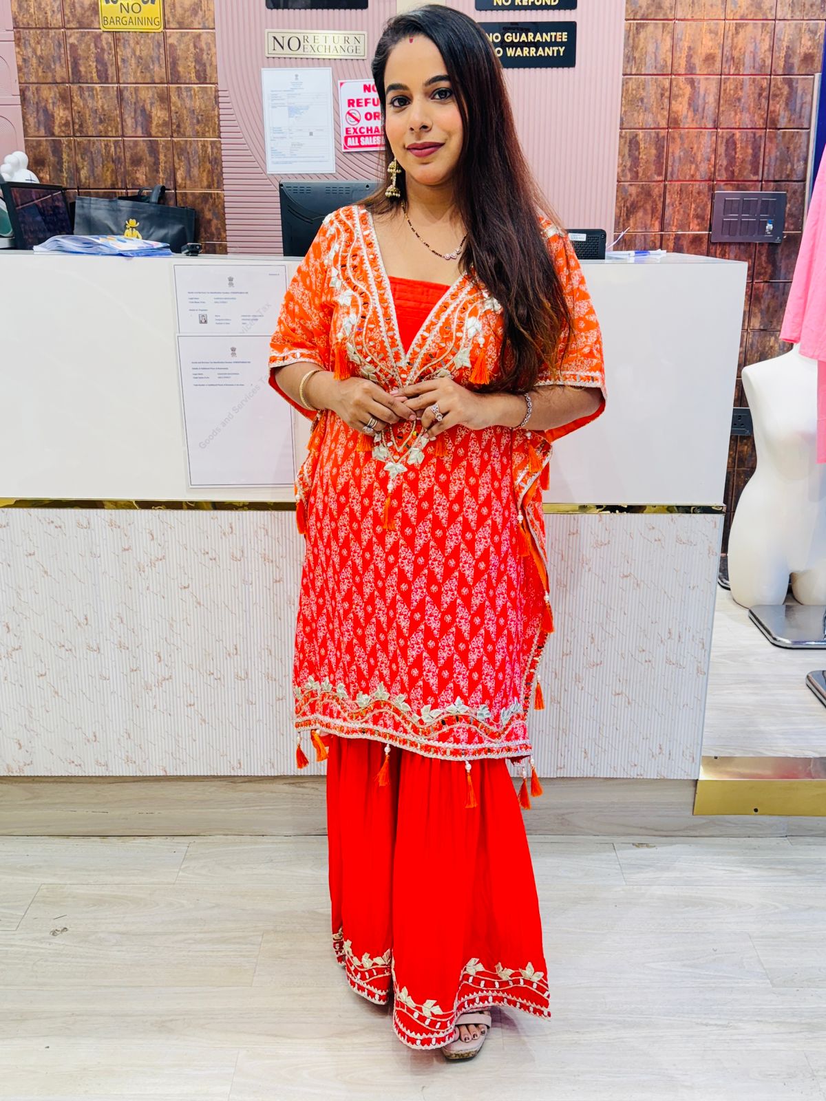 Vibrant Orange Embroidered Kaftan Kurta with Sharara Pants