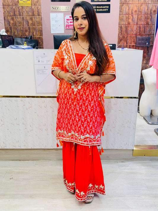 Vibrant Orange Embroidered Kaftan Kurta with Sharara Pants