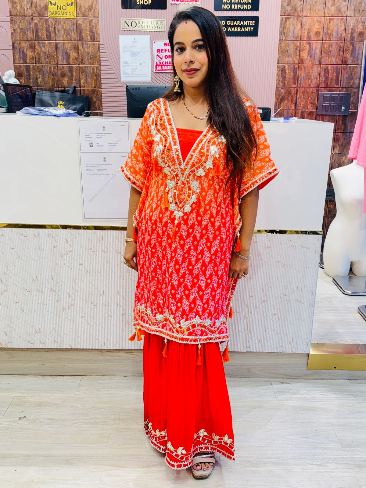 Vibrant Orange Embroidered Kaftan Kurta with Sharara Pants