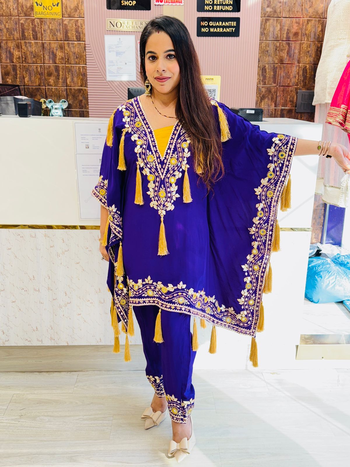 Royal Blue Pure Crepe Kaftan Set with Mirror Work & Tassel Detailing