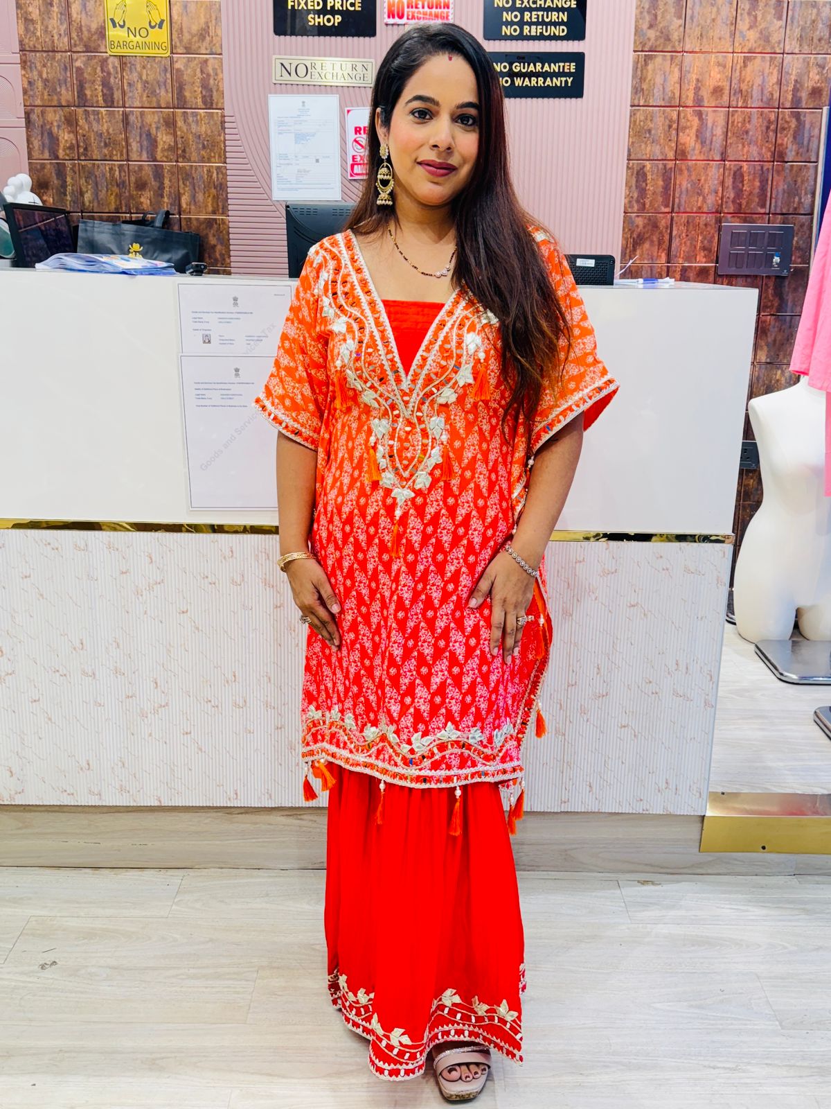 Vibrant Orange Embroidered Kaftan Kurta with Sharara Pants