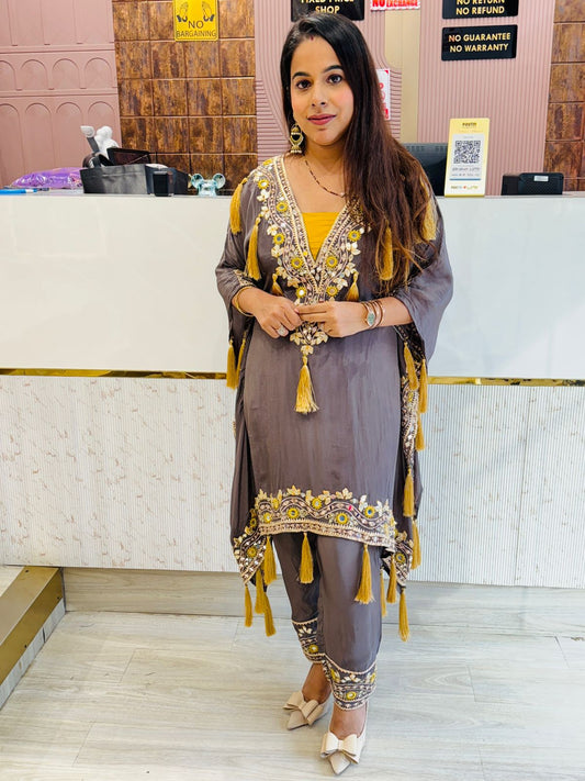 Grey Colour Pure Crepe Kaftan Set with Mirror Work & Tassel Detailing