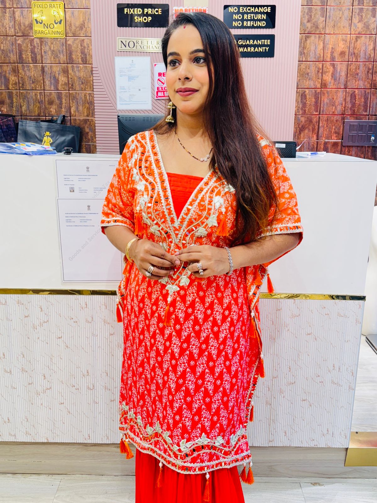 Vibrant Orange Embroidered Kaftan Kurta with Sharara Pants