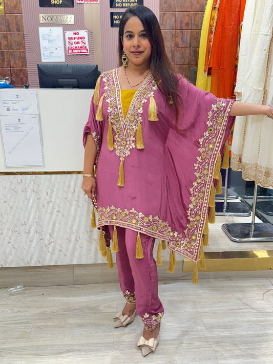 Peach Colour Pure Crepe Kaftan Set with Mirror Work & Tassel Detailing