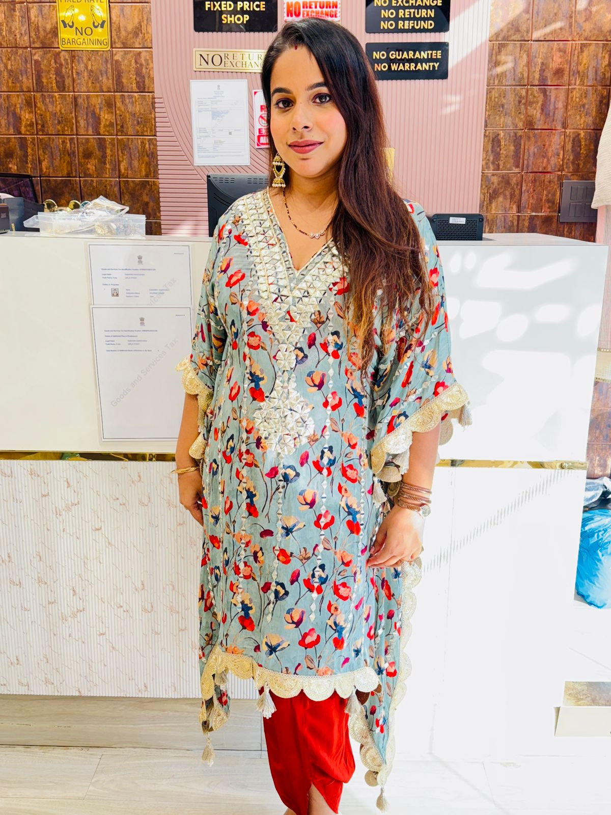 Floral Sky Blue Kaftan Kurta with Red Tulip Pants | Gota & Mirror Work Detailing
