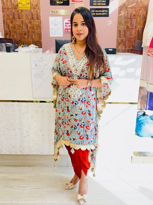 Floral Sky Blue Kaftan Kurta with Red Tulip Pants | Gota & Mirror Work Detailing