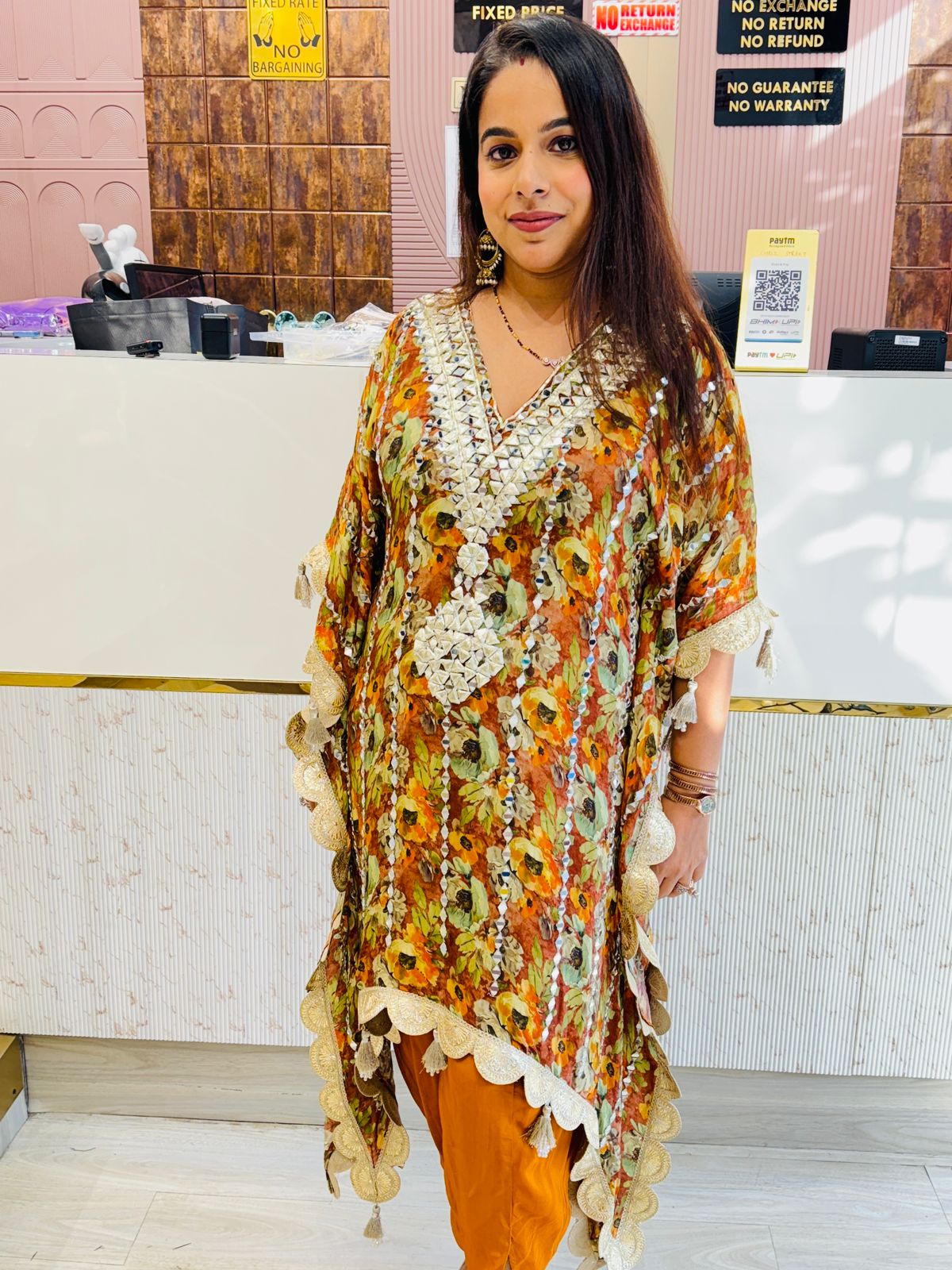 Floral Yellow Kaftan Kurta with Mustard Yellow Tulip Pants | Gota & Mirror Work Detailing