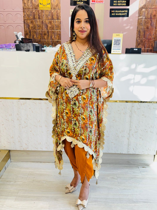 Floral Yellow Kaftan Kurta with Mustard Yellow Tulip Pants | Gota & Mirror Work Detailing