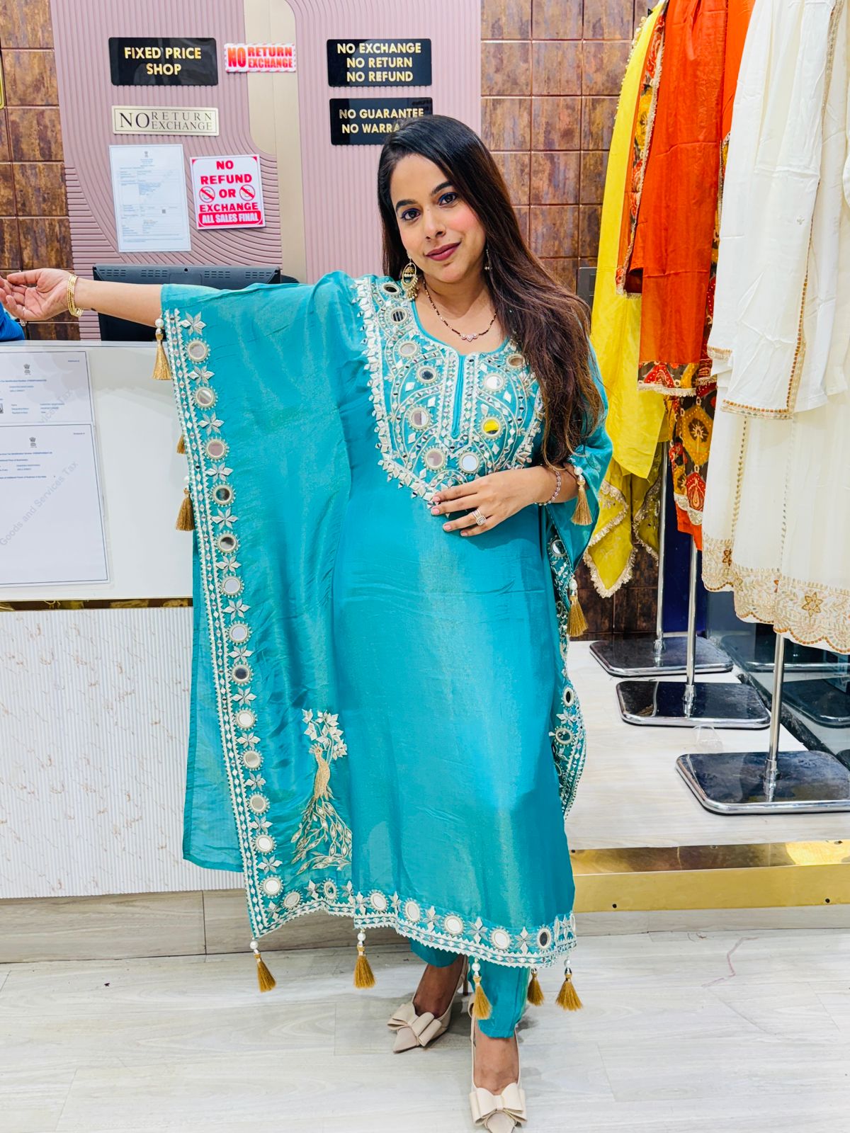 Teal Blue Pure Crepe Kaftan Kurta Set with Mirror Work and Tassel Detailing