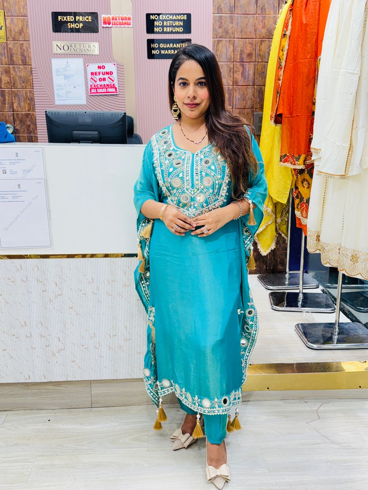 Teal Blue Pure Crepe Kaftan Kurta Set with Mirror Work and Tassel Detailing