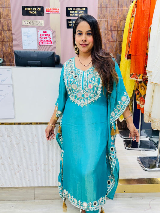 Teal Blue Pure Crepe Kaftan Kurta Set with Mirror Work and Tassel Detailing