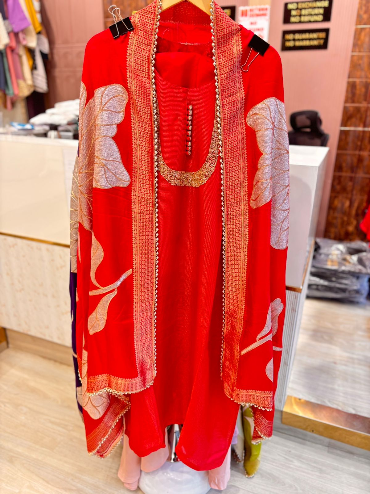 Designer Red Unstitched Suit Set with Dupatta
