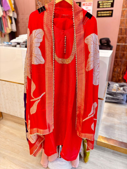 Designer Red Unstitched Suit Set with Dupatta