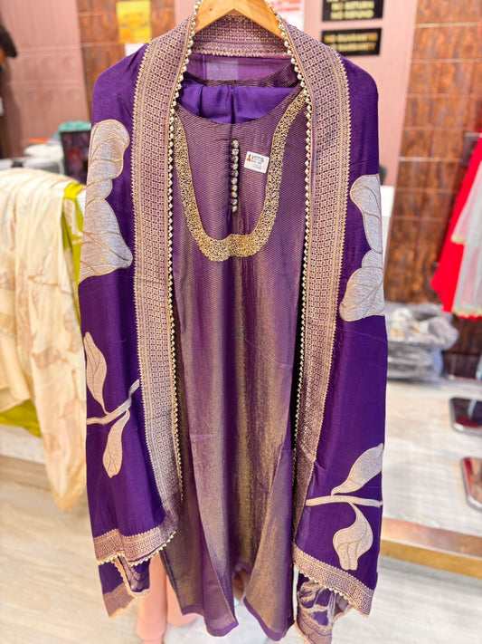 Designer Dark Purple Unstitched Suit Set with Dupatta