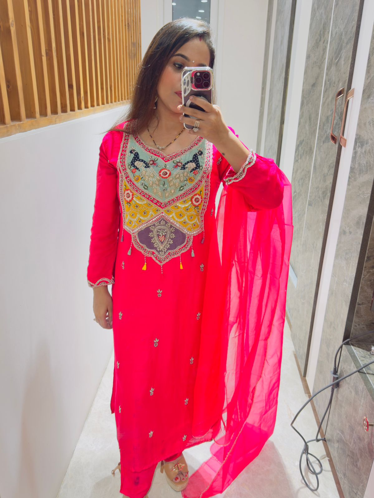 Hot Pink Stitched Suit with Multicolour Embroidery on Neckline