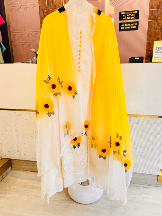 Yellow & White Cotton Unstitched Suit Set with Sunflower Dupatta